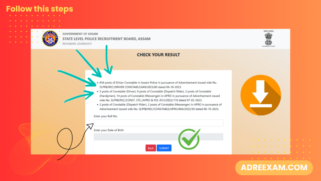 3. Enter Your Credentials: Roll Number & Date of Birth. Go to Submit option and Check Result & Download your Admit Card